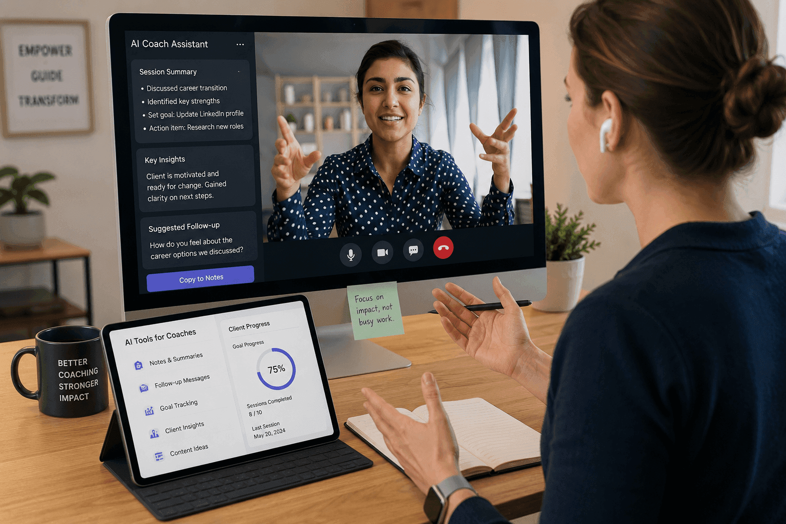 Coach using AI tools to automate session notes and client follow-ups